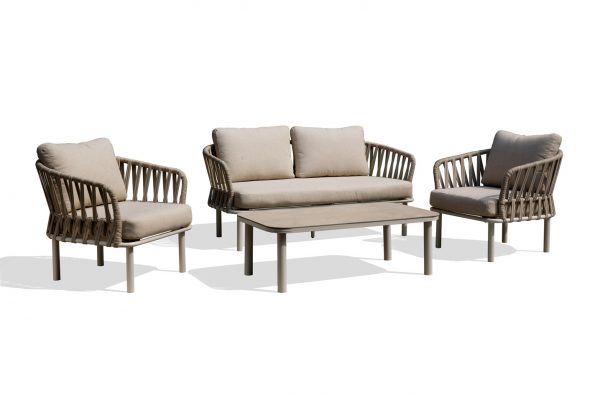 4-Piece Outdoor Lounge Set with Twin-Groove Webbing – Curved White Aluminum Frame & High Loadability 44201 44202